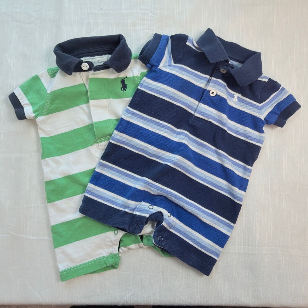 Ralph Lauren Polo Rompers Baby 3M Green Blue Good Striped Cotton 2pc Set